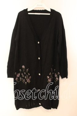 画像1: axes femme / バラ刺繍ロングニットカーデ  クロ O-25-12-13-090-AX-TO-IG-OS