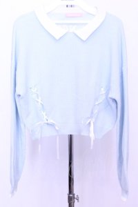 Honey Cinnamon / レースアップ襟付きショートニット  サックス O-25-12-18-2030-LO-TO-IG-OS