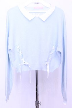 画像1: Honey Cinnamon / レースアップ襟付きショートニット  サックス O-25-12-18-2030-LO-TO-IG-OS