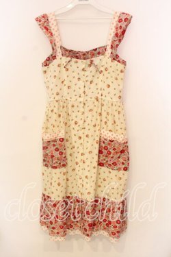 画像1: Jane Marple / リバティプリントのエプロン風ワンピース  アイボリー×ピンク O-25-12-20-057-JM-OP-IG-OS