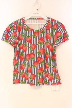 画像1: Jane Marple / ストロベリー meets ストライプのパフTシャツ Ｍ ネイビー×シロ O-25-12-23-069-JM-TS-IG-OS
