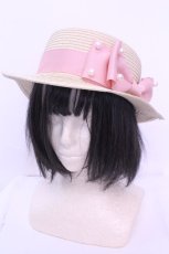 画像1: m petit by misako / TT*AMPLリボンカンカン帽 57.5ｃｍ ベージュ×ピンクリボン O-25-12-26-1007-LO-AC-OW-ZT087 (1)