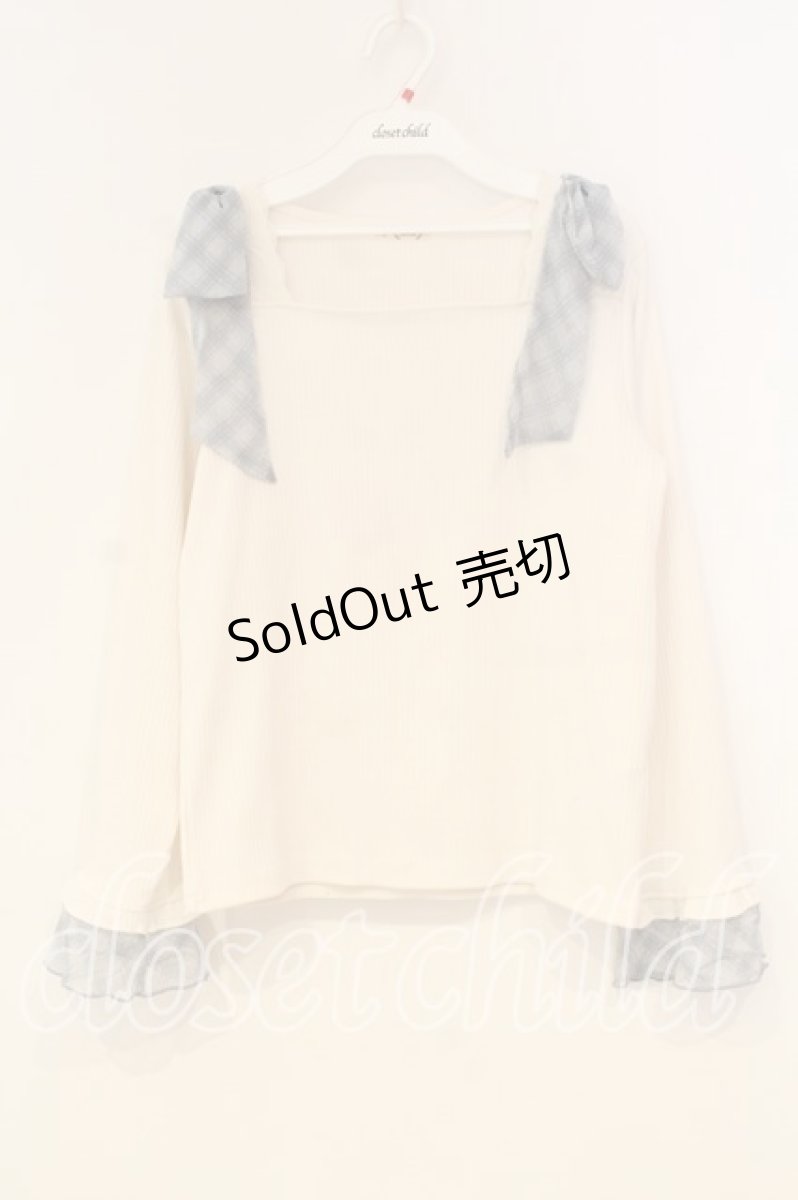 画像1: axes femme / チェック柄シフォンリボンプルオーバー F キナリ×サックス O-26-01-08-049-AX-TO-OW-ZT601 (1)