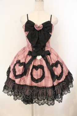 画像1: Black Shamrock / チェック×ハートビッグリボンジャンパースカート M ピンク×クロ O-26-01-12-052-0-OP-OW-OS