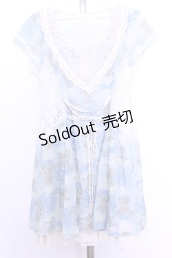 画像1: axes femme / レースシフォン切替半袖ワンピース  サックス O-26-01-12-2020-AX-OP-IG-OS