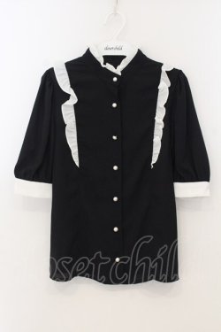 画像1: Jamie エーエヌケー / フリル立ち襟半袖ブラウス  クロ×シロ O-26-01-13-065-LO-TO-IG-OS