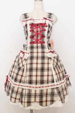 画像1: BABY,THE STARS SHINE BRIGHT / 裾スカラップタータンチェックジャンパースカート＆リボンコームセット  生成り×えんじ O-26-01-14-001-BA-OP-IG-OS