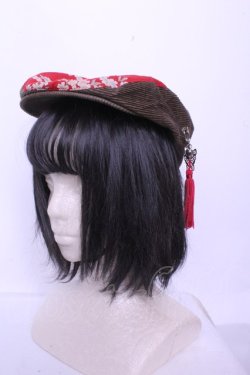 画像1: kikou / 和柄切り替えコーデュロイハンチングハット  ベージュ×アカ O-26-01-20-1008-GO-AC-IG-OS