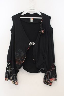 画像1: gouk / 和柄切り替えオフショルカットカーディガン  ブラック O-26-01-24-003-GO-TO-IG-OS