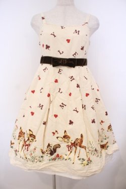 画像1: Emily Temple cute / バンビプリントリボンベルトノースリーブワンピース  アイボリー O-26-01-27-041-ET-OP-OW-OS