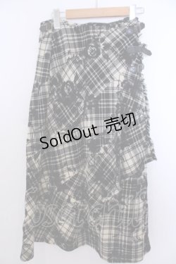 画像1: INGEBORG / ベルト付き薔薇チェックキルトスカート S アイボリー×クロ O-26-01-29-1064-LO-SK-IG-ZT602