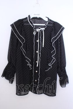 画像1: axes femme POETIQUE / ドット配色リボンフリルブラウス M クロ O-26-01-29-1021-AX-BL-OW-OS