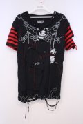 HANGRY&ANGRY / ツギハギダメージTシャツ  ブラック×レッド O-26-01-31-002-HN-TO-OW-OS