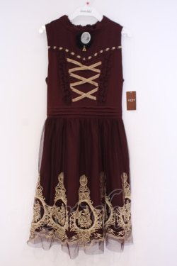 画像1: axes femme / ビスチェ切替刺繍入りドレス M ワイン O-26-02-04-1102-AX-OP-IG-OS