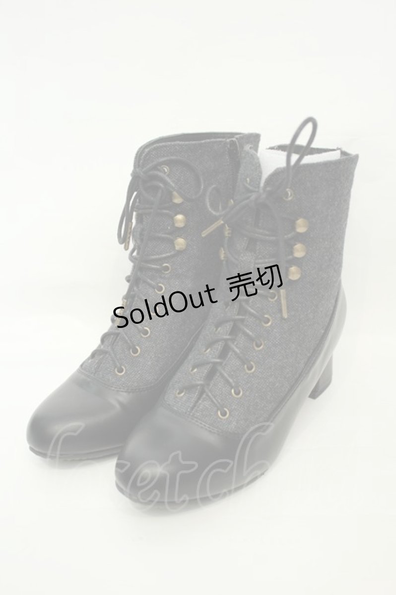 画像1: an another angelus / 細レースアップツイードコンビブーツ M クロ O-26-02-05-051-CA-SH-IG-ZTK036 (1)