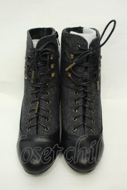 画像2: an another angelus / 細レースアップツイードコンビブーツ M クロ O-26-02-05-051-CA-SH-IG-OS