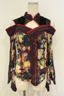 画像1: Ozz oneste / 和チャイナオフショルブラウス  ブラック×ワイン×パープル O-26-02-06-035-OO-BL-OW-OS