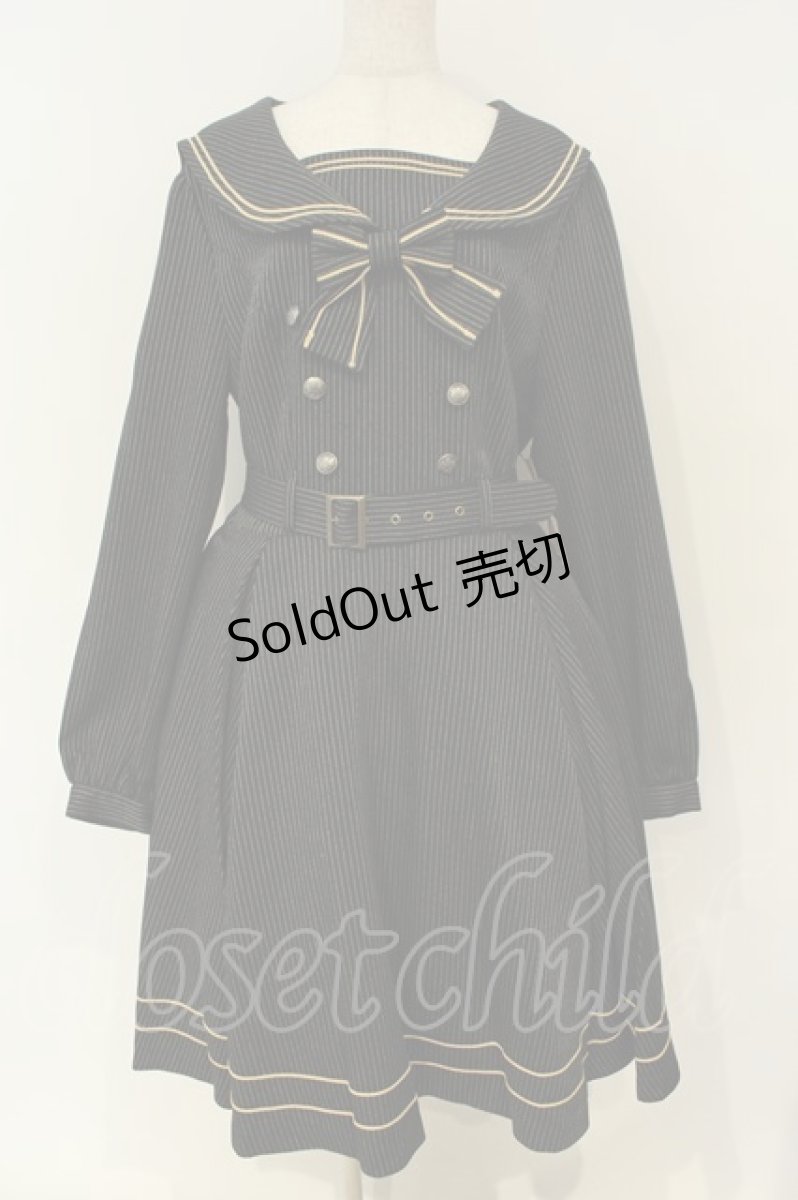 画像1: metamorphose / 【プラスサイズ】長袖セーラーリボンワンピース（ストライプ）  クロ O-26-02-06-044-ME-OP-YM-OS (1)
