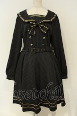 画像1: metamorphose / 【プラスサイズ】長袖セーラーリボンワンピース（ストライプ）  クロ O-26-02-06-044-ME-OP-YM-OS (1)