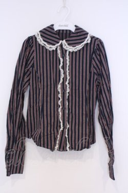 画像1: metamorphose / ロゴリボン付丸襟ブラウス  紺エンジレジメン O-26-02-07-004-ME-TO-OW-OS