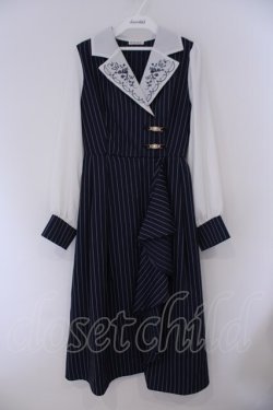 画像1: axes femme / 襟刺繍ストライプワンピース M ネイビー O-26-02-09-022-AX-OP-OW-OS