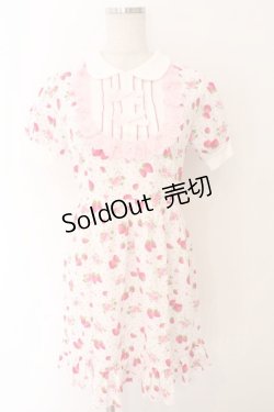 画像1: Nile Perch / ヨーク切り替えいちご柄ワンピース  シロ×ピンク O-26-02-12-1016-LO-OP-OW-OS