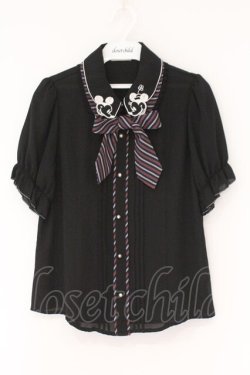 画像1: axes femme POETIQUE / ミッキー&ミニー刺繍襟半袖ブラウス M クロ×ネイビー O-26-02-17-026-AX-BL-IG-OS