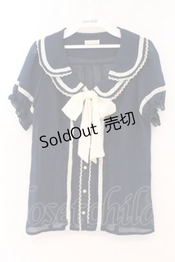 画像1: axes femme POETIQUE / 2枚襟半袖フリルブラウス M ネイビー O-26-02-24-078-AX-BL-IG-OS