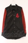 ALGONQUINS / シフォンスリーブエンブレム刺繍ブラウス  ブラック×レッドチェック O-26-03-01-095-AL-BL-IG-OS