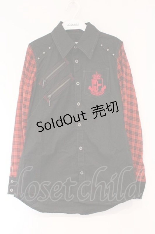 画像1: ALGONQUINS / シフォンスリーブエンブレム刺繍ブラウス  ブラック×レッドチェック O-26-03-01-095-AL-BL-IG-OS (1)