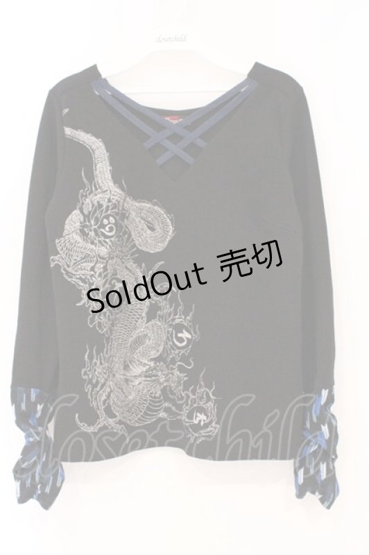 画像1: Qutie Frash / インナーT  ブラック×ブルー矢絣 O-26-03-03-092-QU-TO-IG-OS (1)