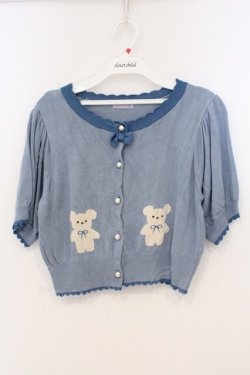 画像1: axes femme kawaii / クマ柄半袖ニットカーディガン  ブルー O-26-03-03-018-AX-TO-IG-OS