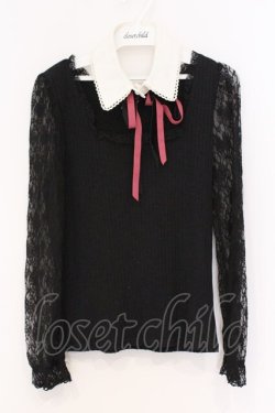 画像1: Secret Honey / つけ襟付きレーススリーブカットソー  クロ O-26-03-07-1008-CA-TO-IG-OS