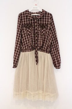 画像1: axes femme / チュール切り替えシャツワンピース M ワイン×生成り O-26-03-07-1018-AX-OP-IG-OS