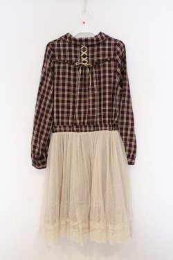 画像3: axes femme / チュール切り替えシャツワンピース M ワイン×生成り O-26-03-07-1018-AX-OP-IG-OS