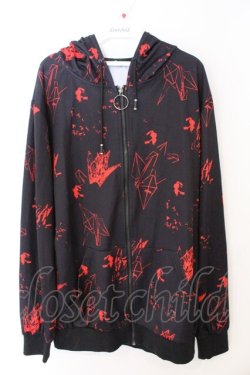 画像1: NieR Clothing / 転写ジップパーカー F ブラック×レッド折り鶴柄 O-26-03-11-044-PU-BL-OW-OS