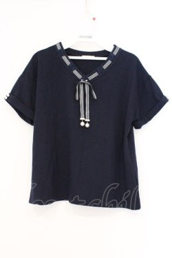 画像1: axes femme POETIQUE / ストライプリボン半袖トップス M ネイビー O-26-03-21-023-AX-TO-YM-OS