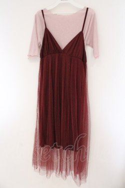 画像1: axes femme POETIQUE / インナー付ドットチュールワンピース  ワイン×ピンク O-26-03-23-042-AX-OP-IG-OS