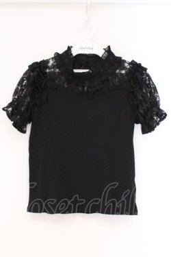 画像1: Secret Honey / レース切り替えテレコ半袖カットソー  クロ O-26-03-31-014-CA-TO-IG-OS