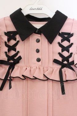 画像2: DearMyLove / ハトメレースアップヨークフリルリボンブラウス M ピンク×クロ O-26-03-31-020-EL-BL-IG-OS