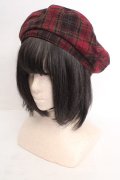 axes femme / ベルト使いチェック柄ベレー帽  ワイン O-26-04-04-1016-AX-AC-IG-OS