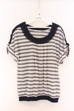 画像1: axes femme / ショルダーレースアップボーダーTシャツ M ネイビー×オフシロ O-26-04-05-008-AX-TO-IG-OS