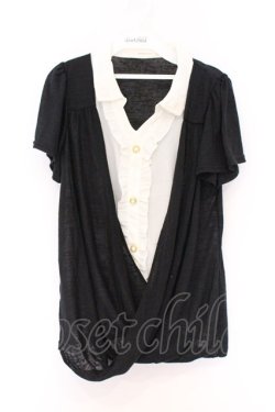 画像1: axes femme / 開衿シャツレイヤードカシュクール風Tシャツ M クロ×アイボリー O-26-04-05-012-AX-TO-IG-OS