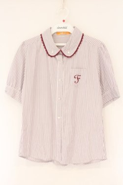 画像1: Fi.n.t / ロゴ刺繍ストライプ半袖ブラウス  ワイン×シロ O-26-04-06-020-CA-BL-IG-OS