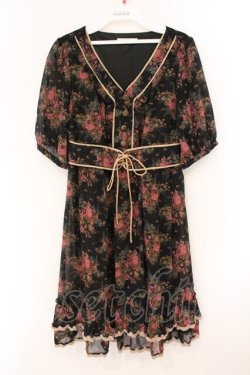 画像1: axes femme / 薔薇ブーケプリントウエストベルトデザインワンピース M クロ O-26-04-09-079-AX-OP-IG-OS