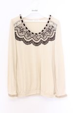 画像1: axes femme / はしごレースフロッキースカラップカットソー  アイボリー×ブラウン O-26-04-10-021-AX-TO-IG-OS (1)