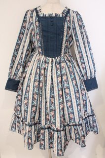 axes femme kawaii / ストライプローズ柄ワンピース M ブルー O-26-04