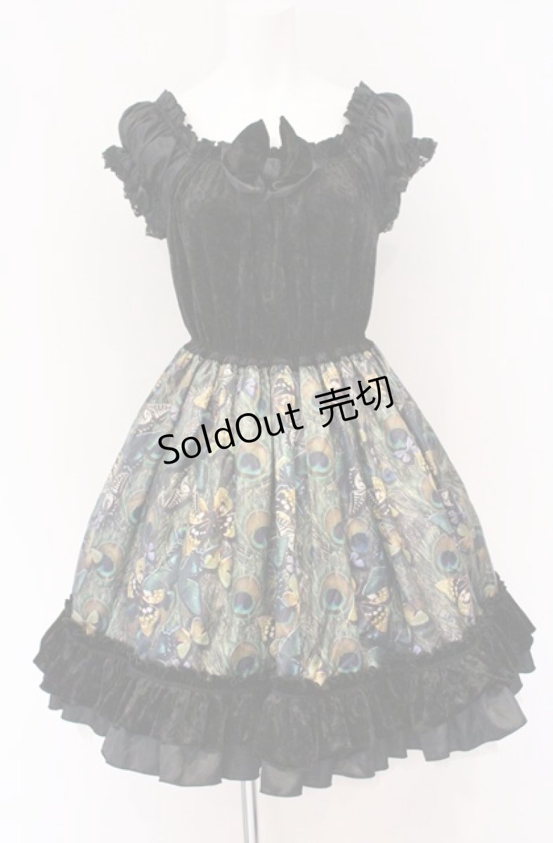 画像1: Dangerous nude / 孔雀の羽根と蝶々のベロアフリルワンピース  ブラック×グリーン O-26-04-27-065-PU-OP-OW-OS (1)