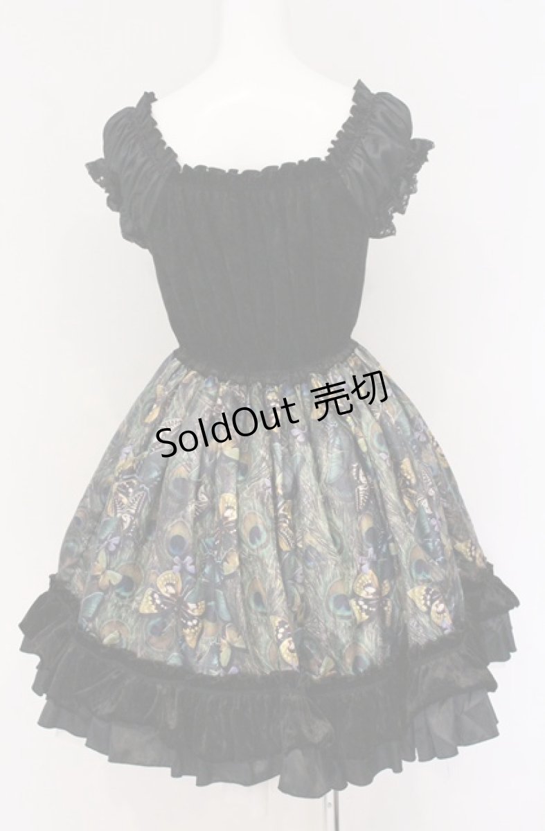 画像4: Dangerous nude / 孔雀の羽根と蝶々のベロアフリルワンピース  ブラック×グリーン O-26-04-27-065-PU-OP-OW-OS (4)