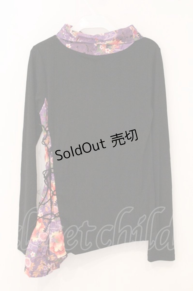 画像3: gouk / 和柄襟付きカットソー  ブラック×パープル ひまわりプリント O-26-04-30-067-GO-TO-IG-OS (3)